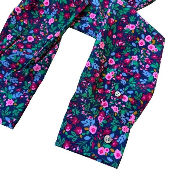 J Crew Popover Placket Blouse XS Ditsy Floral Navy Pink Cottagecore Tradwife - Picture 4 of 6